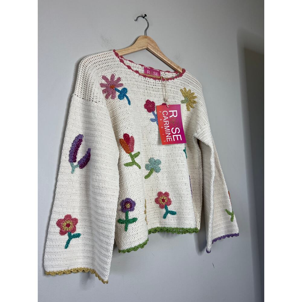 NEW NWT Rose Carmine Sweater Bloom Scalloped Crochet Embroidered Top in Cream - Picture 3 of 8